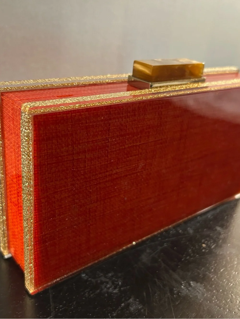 Sondra Roberts Red/Orange Evening Box Clutch with Gold Trim